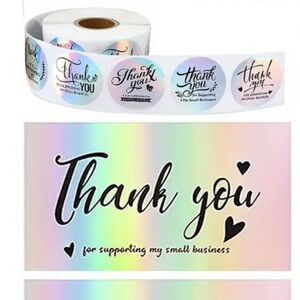 Holographic 500 Thank You Stickers Roll and 50 Matching Business Cards